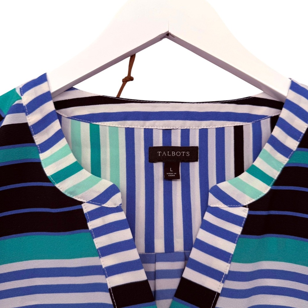 Talbots Womens Blue Green Striped Split Neck 3/4 Sleeve Button Tab Top Large - Picture 7 of 9